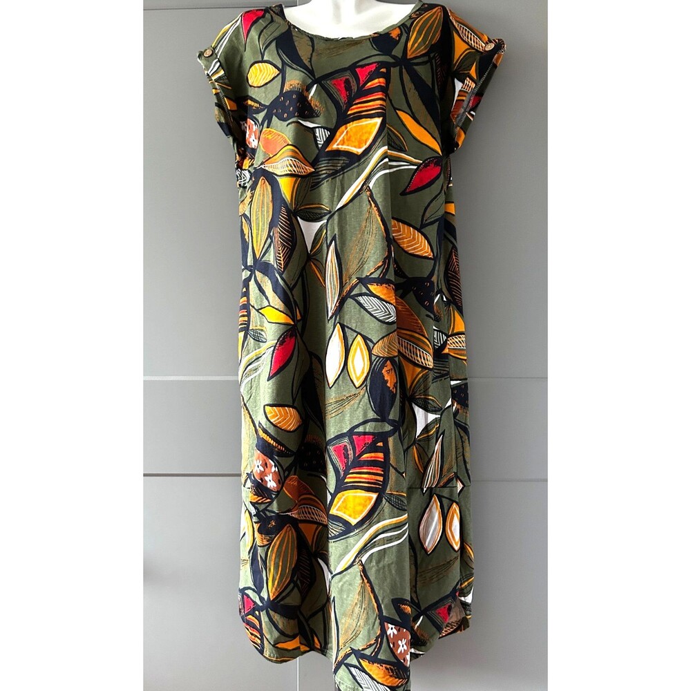 Womens M/L Green Floral Print Cotton Midi Casual House Dress Short Sleeve Boho